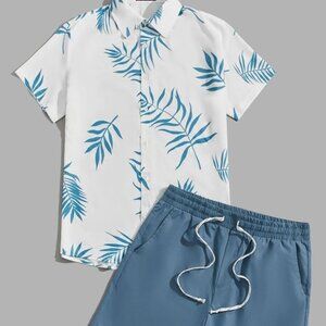 White Tropical Print Vacation Style Men's Shirt & Shorts Set